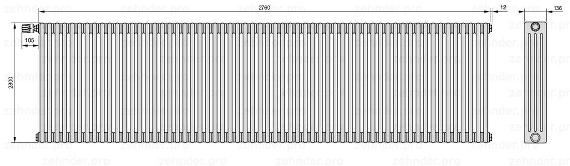 Схема (чертеж) Радиатор Zehnder Charleston 4280/60 №V012 Белый глянцевый RAL 9016